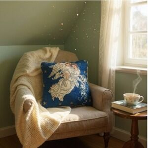 Christmas Pillow Vintage Blue Wool Needlepoint Angels  Holiday 10‎ Inch